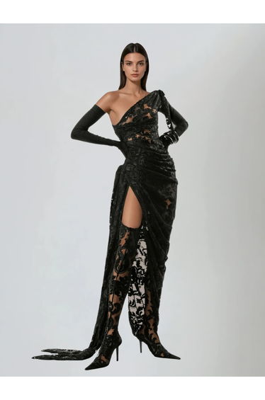 Owena One Shoulder Lace Split Midi Dress