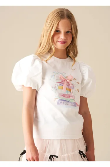 Ellen Placement Print Puff Sleeve T Shirt