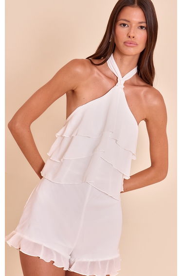 White Chiffon Halter Neck Frill Playsuit
