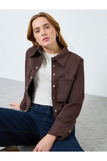 Women Brown Suede Buttoned Utility Jacket