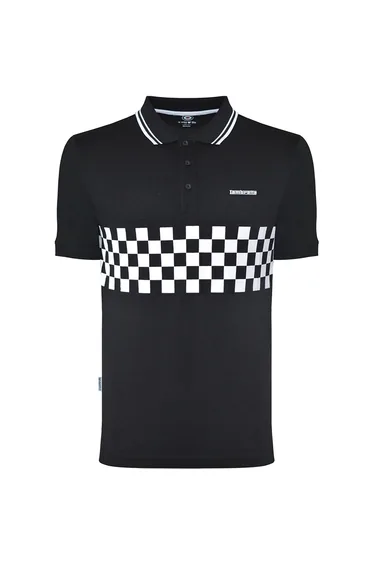 Lambretta Mens Two Toned Tipped Short Sleeve Checked Polo Shirt Top Tee - Black