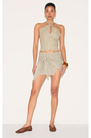 Stone Pinstripe Cotton Knot Front Mini Skirt