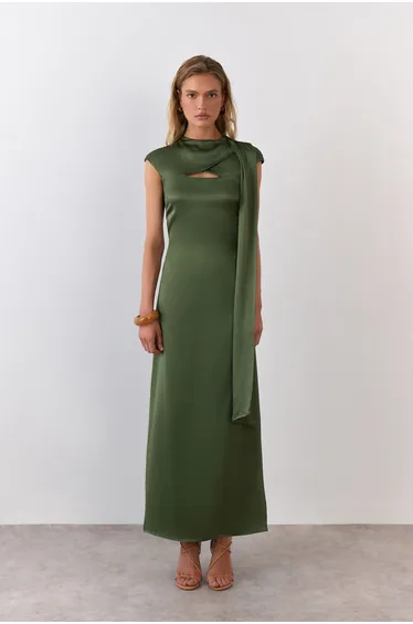 Viscose Draped Scarf Detail Cut-out Midaxi Dress