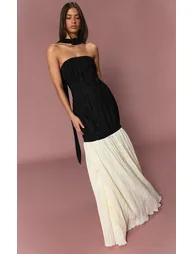 Monochrome Satin Plisse Neck Detail Maxi Dress