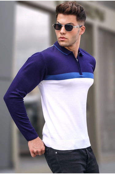 Ecru Zippered Polo Neck Knitwear Sweater
