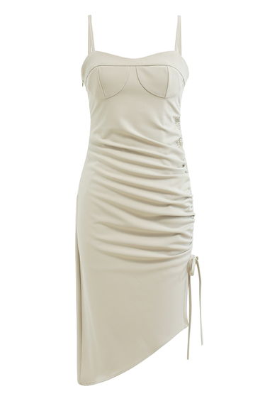 Ruched Drawstring Slit Hem Cami Dress in Sand
