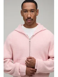Boxy Fit Ribbed Knitted Hoodie - pink - 2