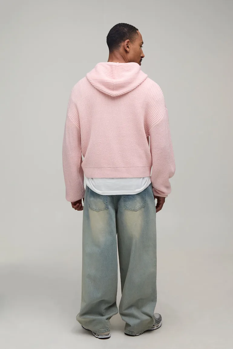 Boxy Fit Ribbed Knitted Hoodie - pink - 1