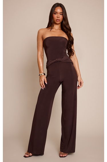 Chocolate Slinky Bandeau Wrap Twist Straight Leg Jumpsuit