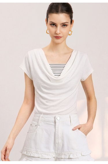 Stripe-Inset Draped Neck Short Sleeve Top in White for Office Days & Coffee Dates