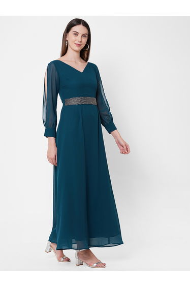 Embellished Waistband Maxi Dress with Slit Sleeve