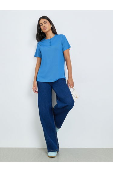 Blue Ribbed Button-Front T-Shirt