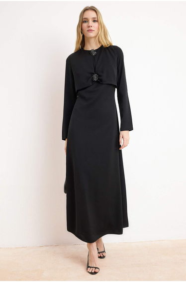 Black A-Line Satin Plain Weave Hijab Evening Dress