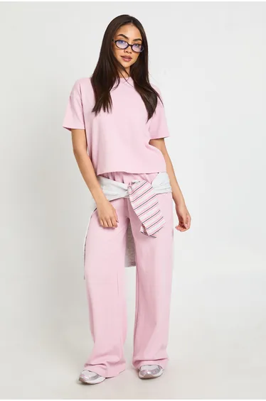 Waffle Boxy Crop T-shirt - light pink