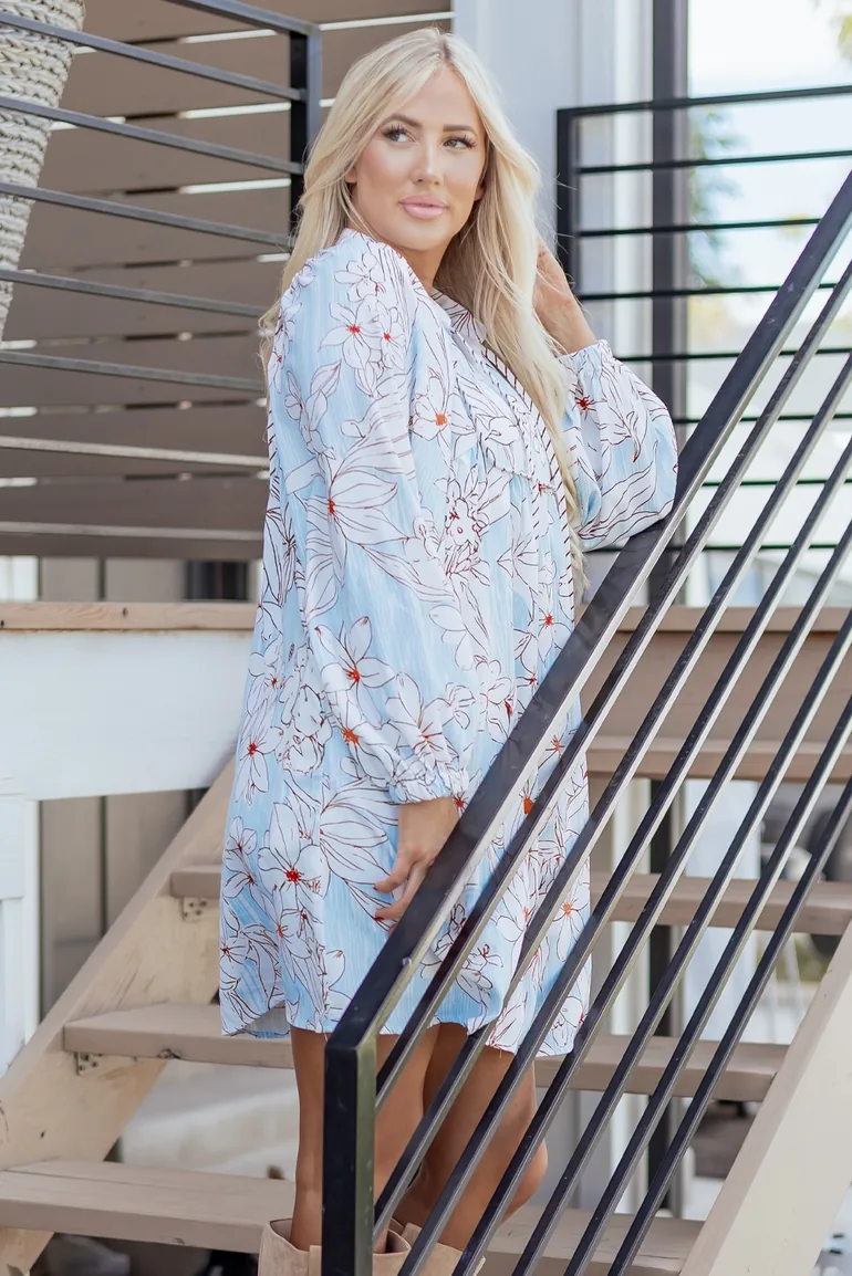 Lvness Floral Print Tie Neck 3/4 Sleeve Mini Dress - 1