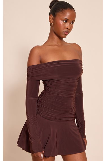 Chocolate Double Layer Slinky Long Sleeve Bardot Mini Dress