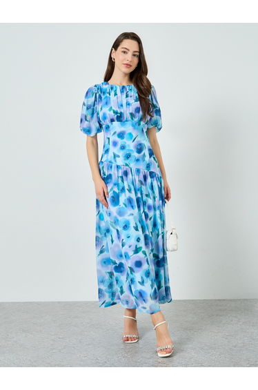 Blue Floral Chiffon Maxi Dress