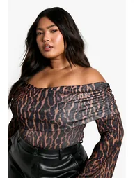 Plus Ruched Bardot Leopard Bodysuit - 3