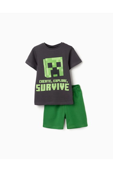 Cotton pyjamas with Minecraft print for boys, grey/green