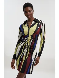 Abstract Zebra Print Ruched Detail Collared Mini Crepe Shirt Dress