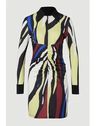 Abstract Zebra Print Ruched Detail Collared Mini Crepe Shirt Dress - 3