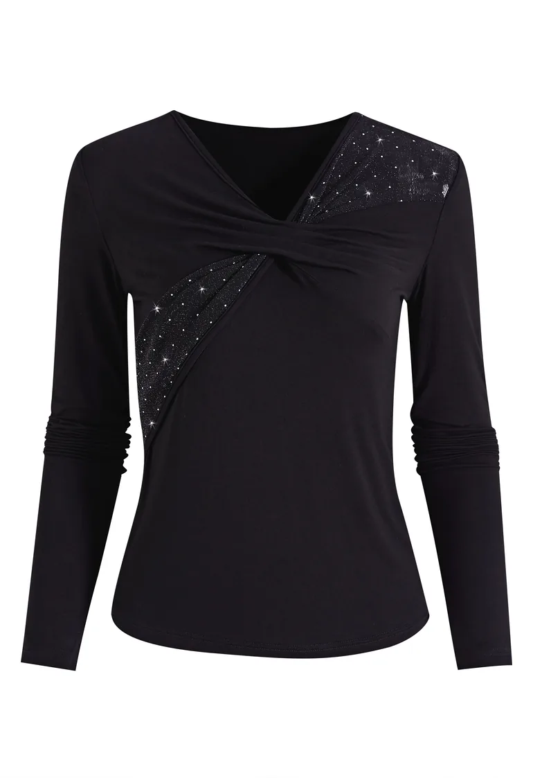 Rhinestone Mesh Criss-Cross Fitted Top for Daily Commute & Tea Party