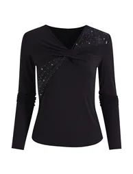 Rhinestone Mesh Criss-Cross Fitted Top for Daily Commute & Tea Party