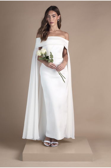 Bardot Cape Column Twill Wedding Dress