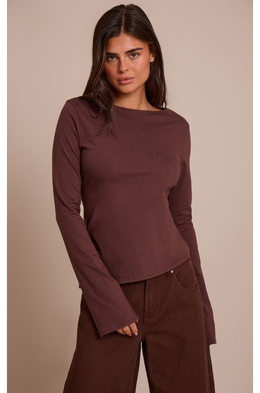 Chocolate Cotton Asymmetric Hem Flared Long Sleeve Top