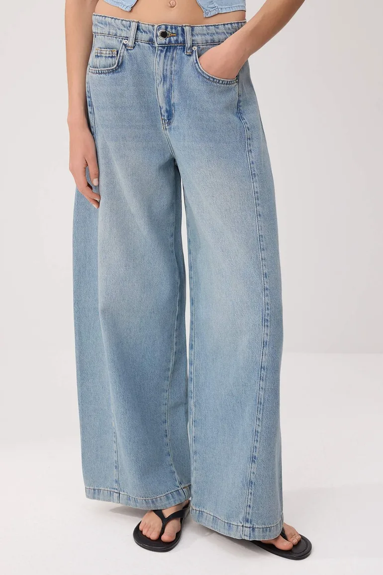Blue Stitching Detailed High Waist Wide Leg Jeans - 3