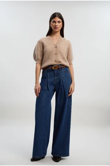 Denim Pleat Front Wide Leg Jeans