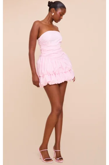 Baby Pink Bandeau Ruched Puffball Mini Dress