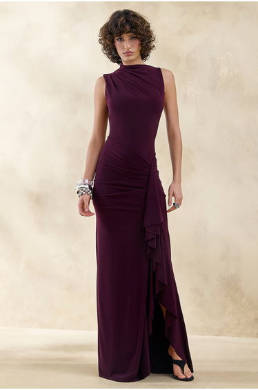 Helessia | Dark Plum Asymmetric-Neck Maxi Dress With Gathered-Detailing And Sash