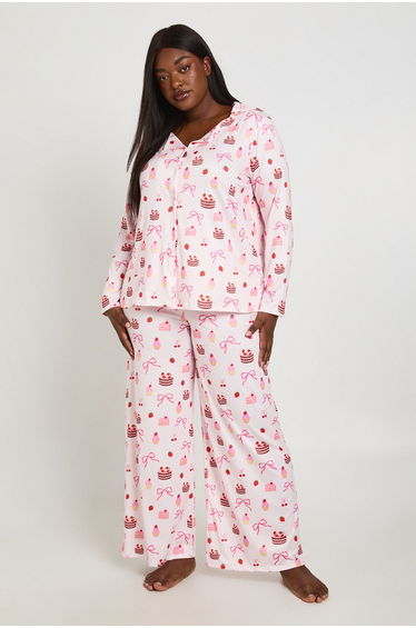 Plus Cake And Bow Print Long Sleeve Shirt & Trouser Pyjama Set - pink