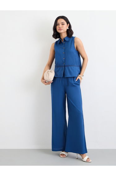 Navy Blue Linen Look Top and Wide Leg Pants Co-Ords