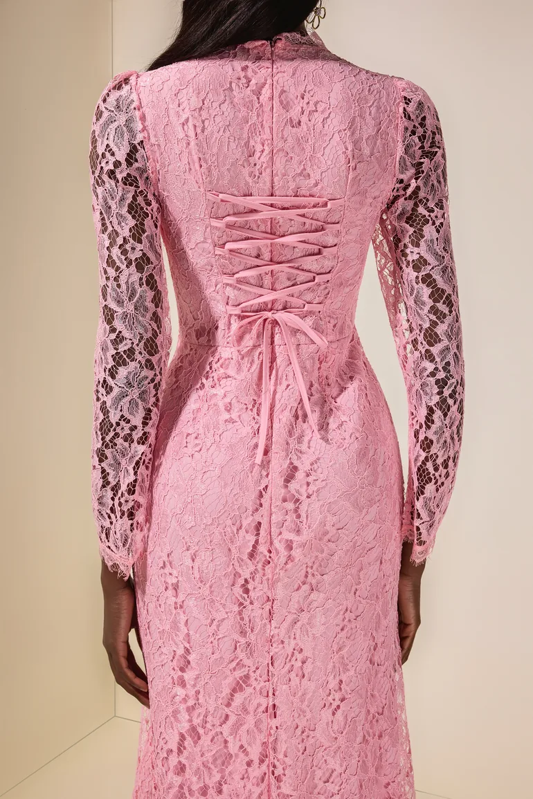 Lace Tie-Up Long Sleeve Maxi Dress - 6