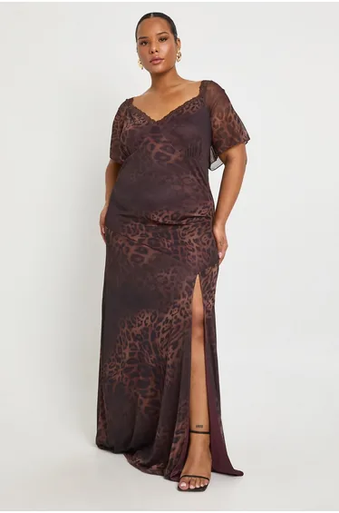 Plus Leopard Lace Trim Angel Sleeve Slip Dress - brown
