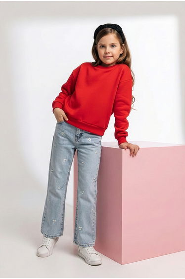 Blue Girl's 100% Cotton Floral Denim Jeans
