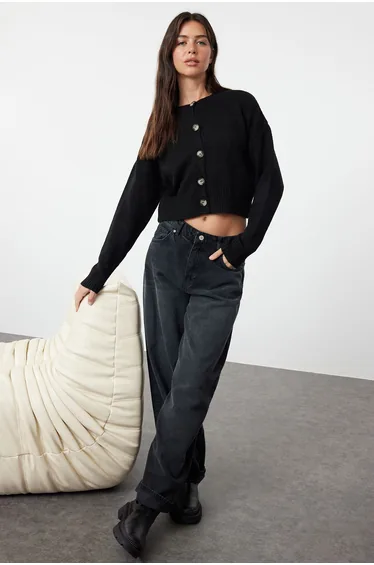 Black Soft Textured Gradient Knitwear Cardigan