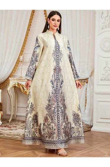 Women Floral Print Embellished Faux Pearl Jalabiya