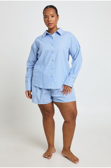 Plus Cotton Pinstripe Oversized Pyjama Shirt - blue