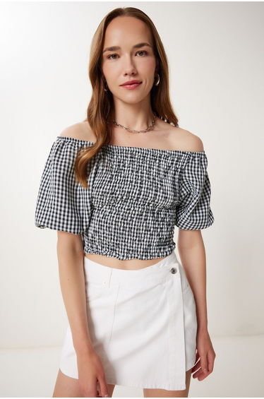Women's Black Checkered Carmen Collar Stretchy Crop Linen Blouse