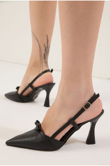 Black Bow Detail Pointed Toe Women's Classic Heeled Shoes