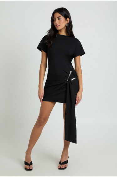 Gold Trim Belted Cap Sleeve Dress - black