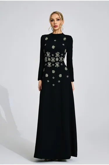 فستان ماكسي مزين بأحجار لامعة - أسود