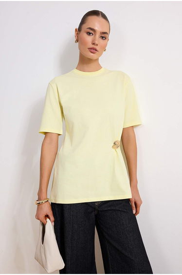 Yellow Regular Single Jersey Plain Knitted Metal Buckle Detail