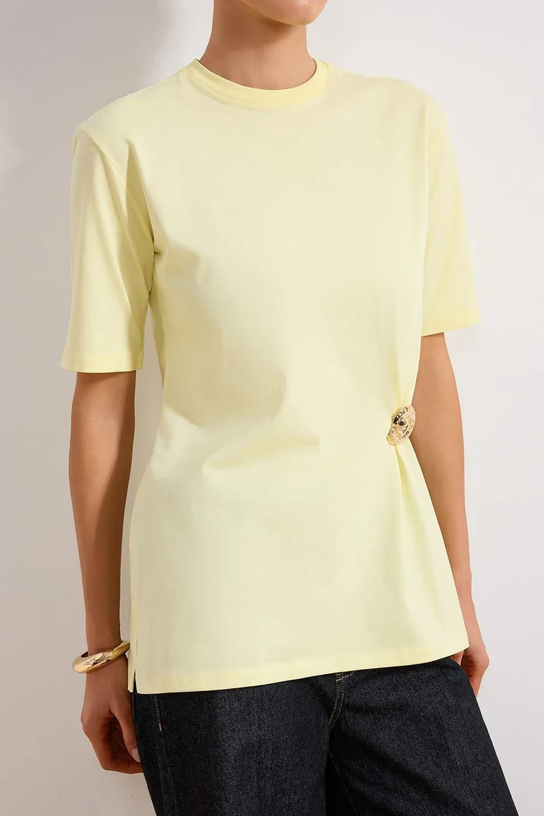 Yellow Regular Single Jersey Plain Knitted Metal Buckle Detail - 2