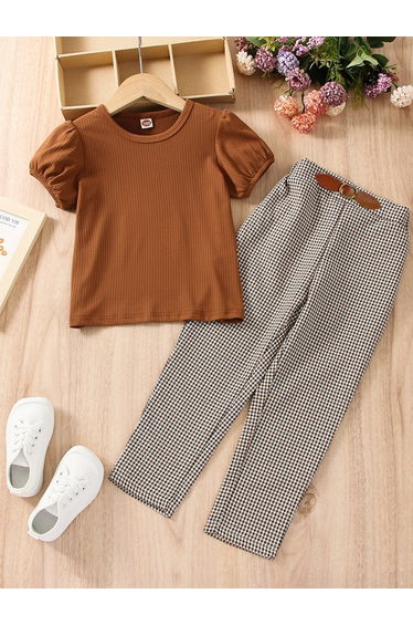 Texture Puff Sleeve Top with Checked Pants Set