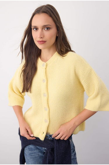 Wardrobe Essentials Yellow Soft Texture Wide Pattern Short Sleeve Basic Knit Cardigan