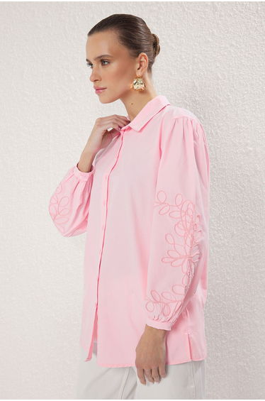 Pink Oversize Cotton Sleeves with Embroidery Detail Woven Shirt